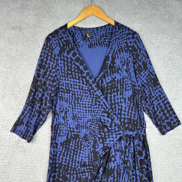 Mercer & Madison 1X Blue Black Abstract Animal Print Faux Wrap Midi Dress - Picture 2 of 12